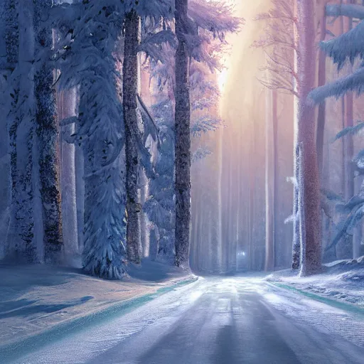 Prompt: a road leading through a frozen winter forest as a interdimensional portal opens above the treetops storybook illustration, octane render, detailed painting, by katherine federer, anthony pafford, harry gamboa and tracy flickinger