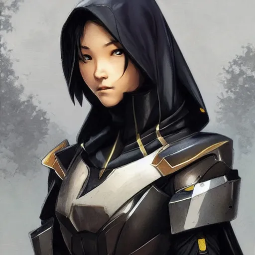 Prompt: cassandra cain in destiny hunter armor, carbon fiber armor, wearing a hooded cloak, beautiful face!!!!, 2 7 years old, cg animation, realistic, character select portrait, by artgerm, greg rutkowski, alphonse mucha, 3 d