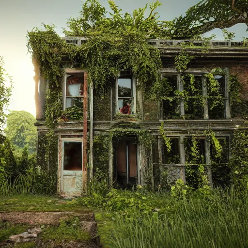 Image similar to outside a derelict victorian house, garden in front of house is overgrown and walls are crumbling down, moss and ivy cover the walls ray traced unreal 5, ultra details