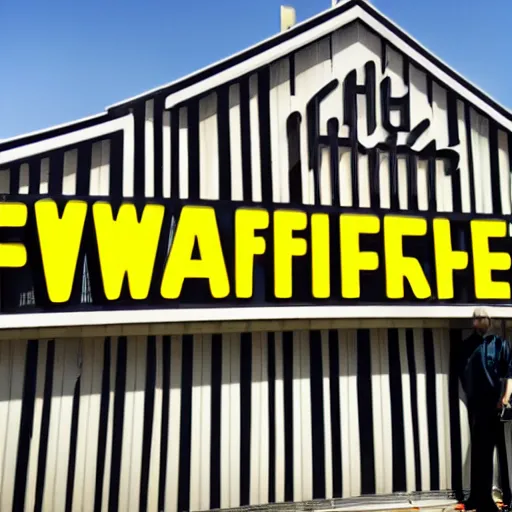 Image similar to wafflehouse employee's standing below wafflehouse sign, employees uniform is black and blue with yellow name tags