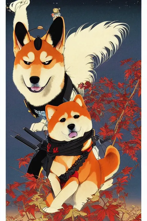 Prompt: poster of a shiba inu as a ninja, studio ghibli aesthetic, by yoichi hatakenaka, masamune shirow, josan gonzales and dan mumford, ayami kojima, takato yamamoto, barclay shaw, karol bak, yukito kishiro