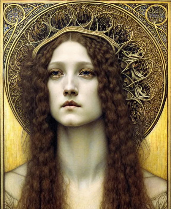 Image similar to detailed realistic beautiful young medieval queen face portrait by jean delville, gustave dore and marco mazzoni, art nouveau, symbolist, visionary, gothic, pre - raphaelite. horizontal symmetry