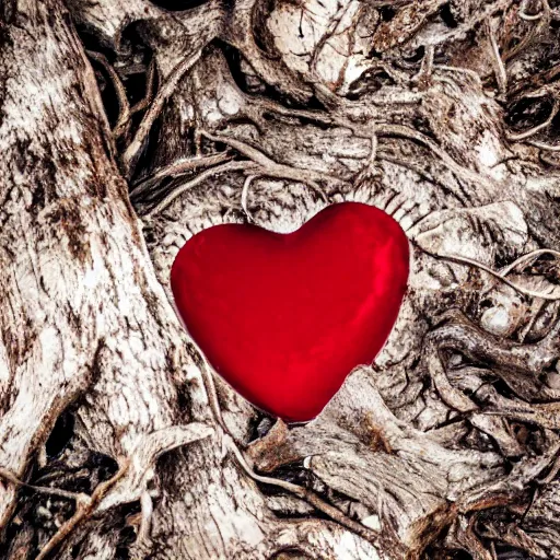 Prompt: photograph of an anotomicallt cotrect human heart sitting on the ground in a forest of dead trees