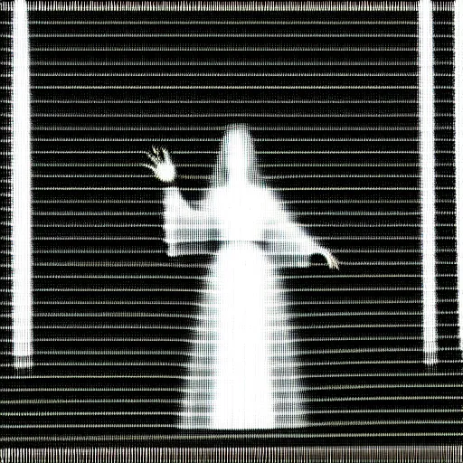 Image similar to vhs static overlay of marian apparition, vhs, 1 9 9 0, highly realistic, highly detailed, vhs noise static, black and white, vhs glitch