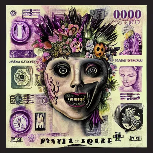 Image similar to post - punk new age album cover, asymmetrical design, dollar bank notes, capitalism, magic stone, amulet, apocalypse, psychedelic, black white pink, magic, giger h. r., giuseppe arcimboldo