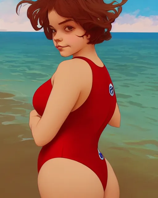 Prompt: portrait of cute chubby barbara palvin in red swimsuit running on the beach, ambient lighting, 4 k, lois van baarle, ilya kuvshinov, rossdraws, alphonse mucha, jung gi kim, artstation