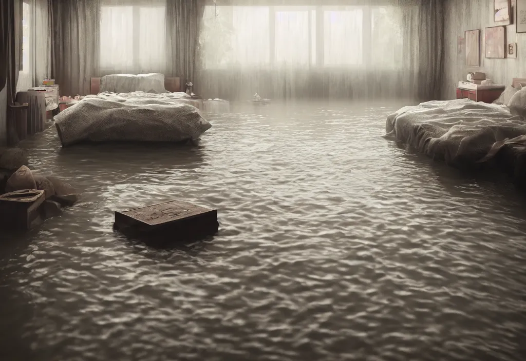 Image similar to kodak portra 4 0 0 photographic and realistic, bedroom, detailed, octane render, unreal engine, 4 k, artstation, hyper realistic, wide angle, floor flooded, how a river, objects that float, 3 5 mm, sharp focus, soft light, volumetric light fog, in the style of gregory crewdson