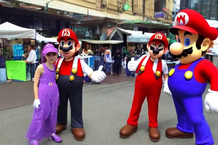 Image similar to photo of real life mario meeting real life waluigi in the market