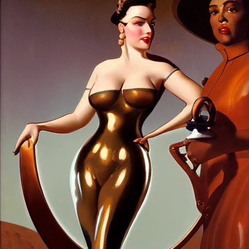 Prompt: closeup painting of uncannily beautiful curvy!! aristocrat wearing latex and bronze catsuit inside bronze art deco arcology, science fiction by j. c. leyendecker and fritz lang and rembrandt and greg rutkowski and stefan prohaczka