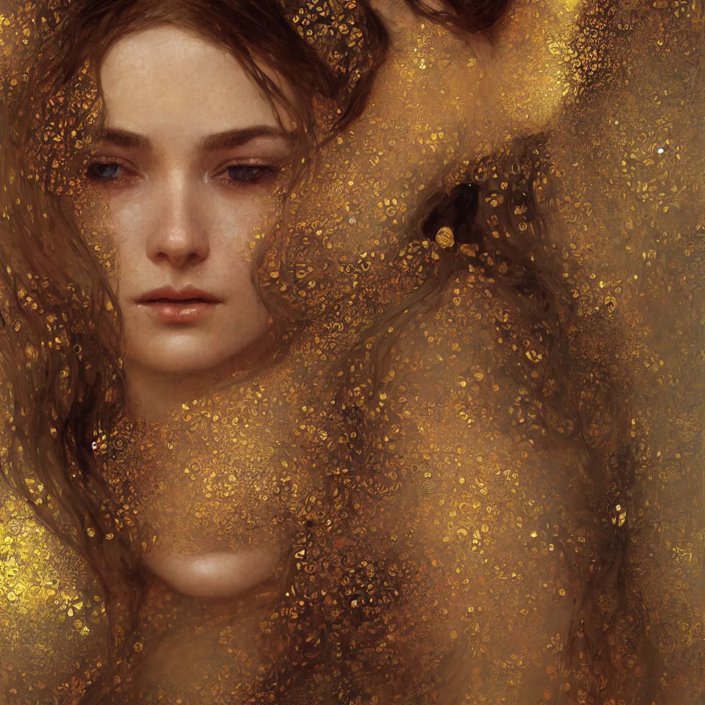 Image similar to seamless intricate klimt golden motives and textures pattern, beautiful young lady face portrait, hyper detailed, octane render, vivid colors, artstation, by jeremy mann, by alphonse mucha, by klimt