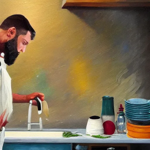Image similar to realistic oil painting still of mountain pile of dirty dishes overflowing kitchen sink, angry man standing next to sink, high detail