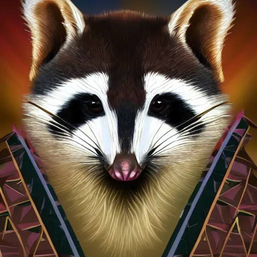 Prompt: a front portrait of a evil raccon with pyramids in background, matte paiting