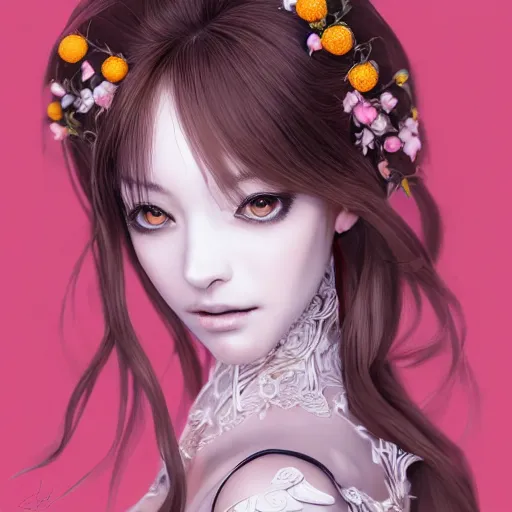 Image similar to the portrait of an absurdly beautiful, graceful, elegant, sophisticated, fashionable realistic anime woman made of strawberries and white petals with tears, an ultrafine hyperdetailed illustration by kim jung gi, irakli nadar, intricate linework, bright colors, octopath traveler, final fantasy, unreal engine 5 highly rendered, global illumination, radiant light, detailed and intricate environment