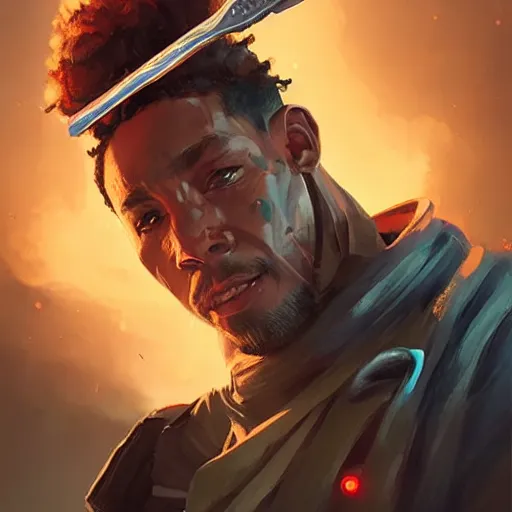 Prompt: A sorcerer wielding a futuristic weapon, digital apex legends illustration portrait, gorgeous lighting, wide angle action dynamic portrait, perspective shot, art by Sam Spratt-H 640