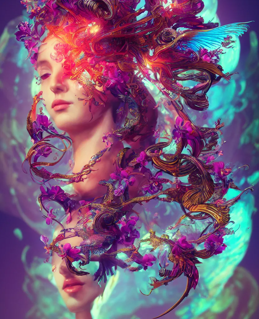 Image similar to goddess full color painted acryllic sculpture close-up portrait. orchid bird phoenix head, nautilus, skull, betta fish, bioluminiscent creatures, intricate artwork by Tooth Wu and wlop and beeple. octane render, trending on artstation, greg rutkowski very coherent symmetrical artwork. cinematic, hyper realism, high detail, octane render, 8k