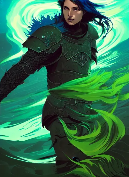 Image similar to style artgerm, joshua middleton, illustration, john krasinski as rune knight wearing green pelt light armor, blue hair, swirling water cosmos, fantasy, dnd, cinematic lighting