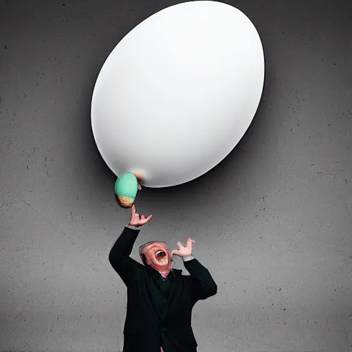 Image similar to a man laughing at a giant egg, in the future, in the style of Bansky