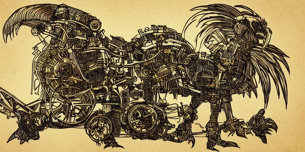 Prompt: schematic of a fighting rooster made of car engine parts, dieselpunk, schematic, intricate, highly detailed, golden ratio