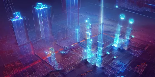 Prompt: a swarm network of glowing futuristic cubes appears in the sky above a cyberpunk dubai city, atmospheric lighting, intricate, volumetric lighting, beautiful, sharp focus, ultra detailed, in the art style of marc simonetti, bowater charlie and brom gerald, astrophotography