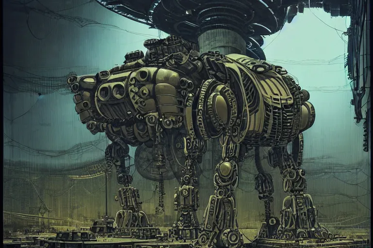 Image similar to dieselpunk mechs that look like Dragonfly, inside an gigantic underground concrete doom hangar, interior structure, drains, storm drains, jungle, vines, algea, cables, panels, walls, ceiling, floor, doors, brutalist architecture, intricate ink drawing, highly detailed in the style of Ashley Wood, moebius and Tsutomu Nihei, photorealistic, cinematic, intricate detail, well lit,