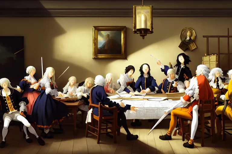 Prompt: baroque oil painting of key visual environment concept art of the anime maids signing the declaration of independence, brutalist, dark fantasy, rule of thirds golden ratio, fake detail, trending pixiv fanbox, acrylic palette knife, style of makoto shinkai studio ghibli genshin impact jamie wyeth james gilleard greg rutkowski chiho aoshima