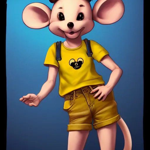 Image similar to anthropomorphic mouse wearing denim short shorts and yellow tank top, highly detailed, artgerm style, artstation, soft light, sharp focus, illustration, character design, concept art