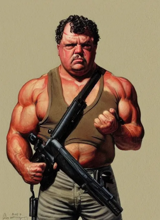 Prompt: gk chesterton as a buff action hero with muscles and a shotgun. portrait by james gurney. realistic face. awesome.