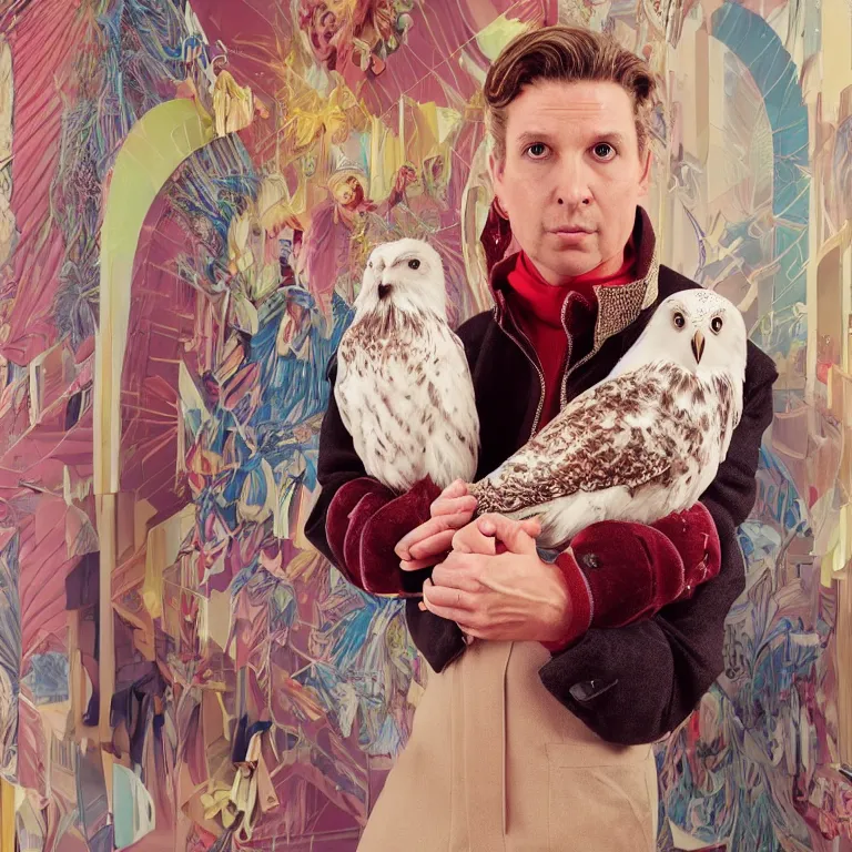 Image similar to high fashion photoshoot octane render portrait by wayne barlow and carlo crivelli and glenn fabry, an actor wearing a colorful wes anderson designed uniform and holding a snow owl inside a high - end exotic colorful pastel vintage boutique hotel lounge, very short depth of field, bokeh