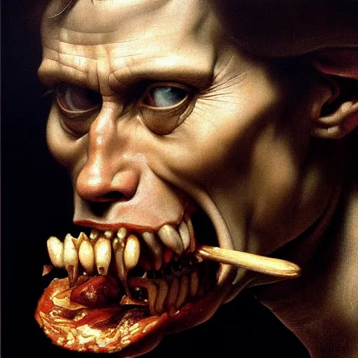 Image similar to close up portrait of willem dafoe eating an entire horse, oil painting, high detail, dark lighting, atmospheric, extremely detailed, intricate, da vinci, michelangelo, caravaggio, hans holbein, 8 k