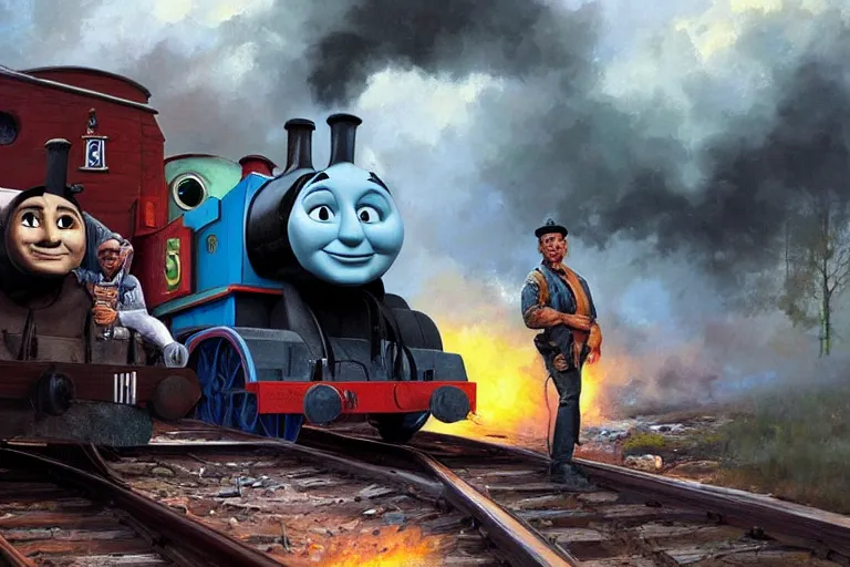 Image similar to danny trejo with a machete on the train tracks withthomas the tank engine, an oil painting by ross tran and thomas kincade