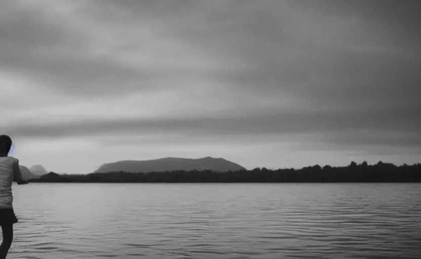 Prompt: something curious happened on lake, nostalgia mood, 80s, analogue photo quality, blur, unfocus, monochrome, 35mm