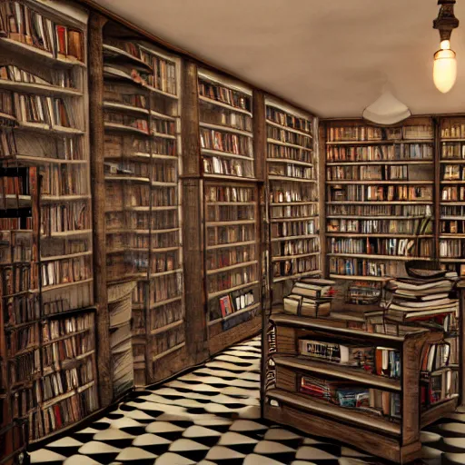 Image similar to unreal engine render of an old, dusty bookstore