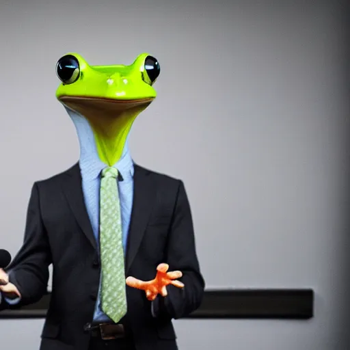 Prompt: a picture of a frog giving a presentation at the office, he is wearing a suit, 4K