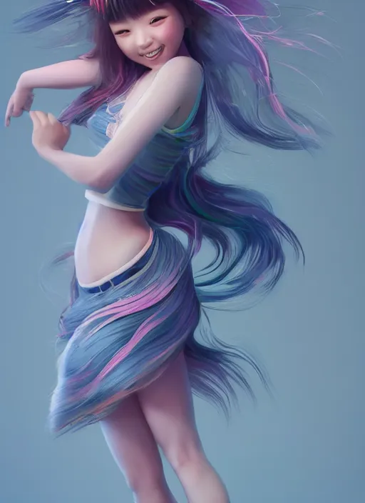 Image similar to a cute asian girl dancing, flowing hair in the style of pixar animation, full body shot, viewed from bellow, award winning, hyper detailed, studio lighting, artstation, octane renderer, unreal engine