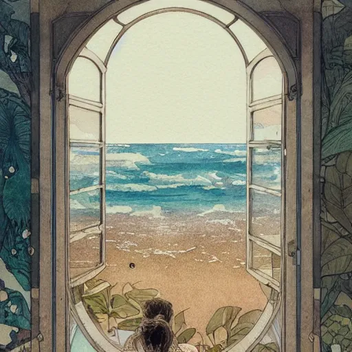 Image similar to a beautiful intricate watercolor illustration of a beach landscape view from a window, 4 k, ultra - wide angle, by william turner, by victo ngai, by alphonse mucha, by miho hirano, hd, trending on artstation, hyper detailed, muted colors