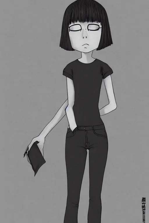 Prompt: portrait of a girl in long pants and a top, hands in pockets, eyes closed, bob haircut, digital art, black and white, clean sketch by junji ito and kaoru mori