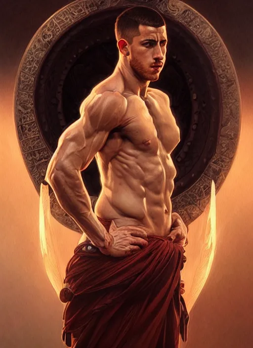 Image similar to portrait of aggressive eden hazard, d & d, muscular! white, fire, fantasy, intricate, elegant, highly detailed, digital painting, artstation, concept art, smooth, sharp focus, illustration, art by artgerm and greg rutkowski and alphonse mucha