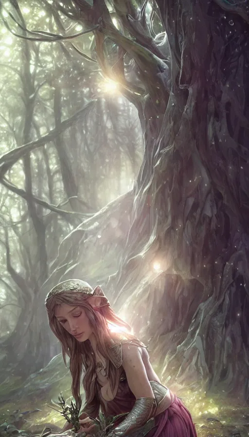 Prompt: fragile sad elf in forest, fit, warhammer, fame of thrones, lord of the rings, sweaty, intricate, highly detailed, digital painting, artstation, concept art, smooth, sharp focus, illustration, unreal engine 5, 8 k, art by artgerm and greg rutkowski and alphonse mucha