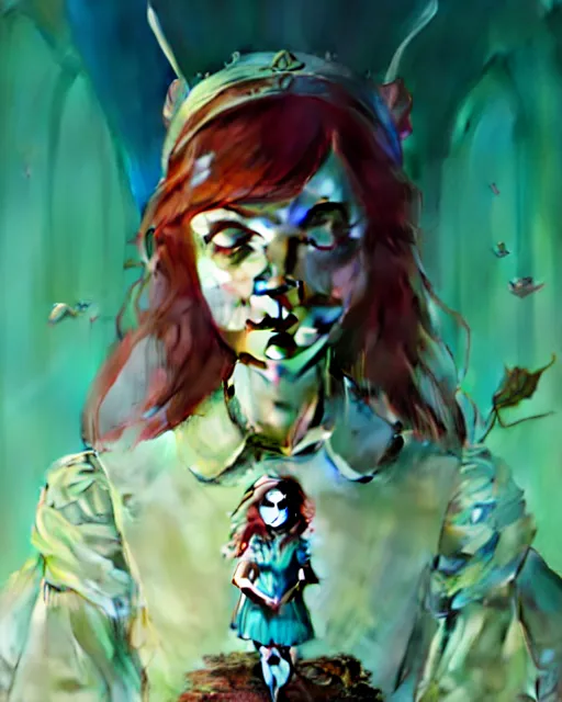 Image similar to highly detailed surreal vfx portrait of a alice in a wonderland, stephen bliss, unreal engine, greg rutkowski, loish, rhads, beeple, makoto shinkai and lois van baarle, ilya kuvshinov, rossdraws, tom bagshaw, alphonse mucha, global illumination, detailed and intricate environment