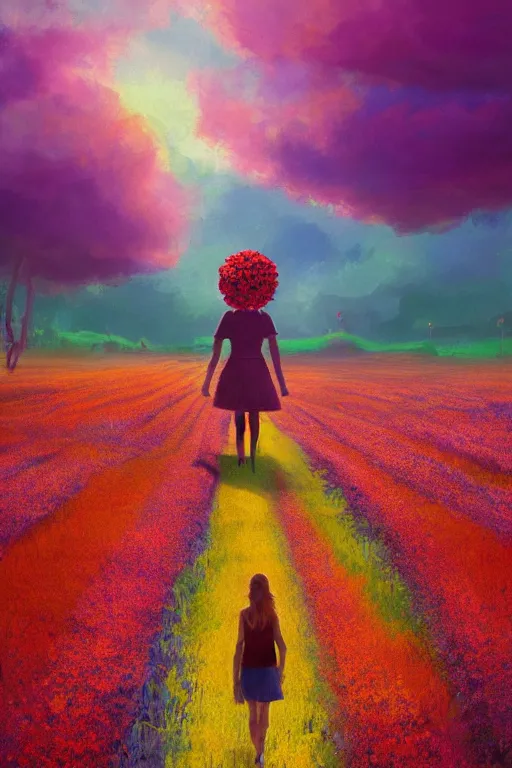 Image similar to giant flower head, girl walking in a flower field, surreal photography, sunrise, dramatic light, impressionist painting, colorful clouds, digital painting, artstation, simon stalenhag