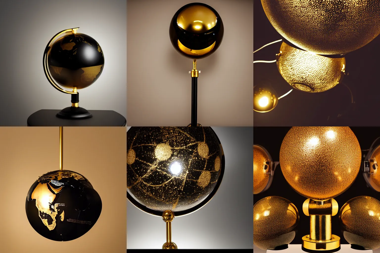 Prompt: black and golden glossy globe, studio lights, lightrays from behind
