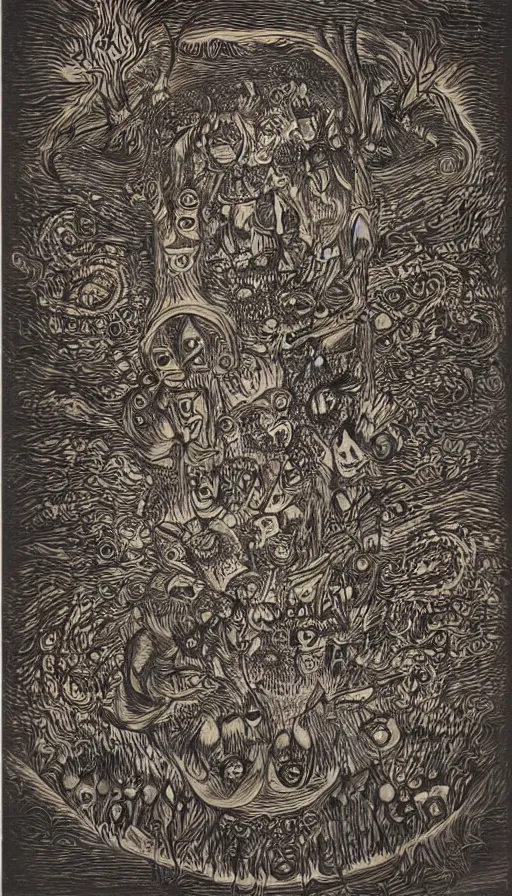 Prompt: The end of an organism, by Louis Wain engraved on a wooden board, collored