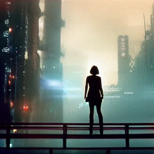 Image similar to joi from blade runner as a giant translucent hologram, leaning forward to look at a regular sized person on a bridge, neo noire