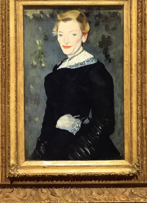 Image similar to An antique oil painting of cate blanchett by Manet, super detailed, hd