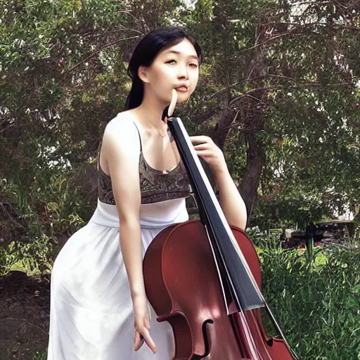 Image similar to a young asian girl in a white slip dress playing a cello in the sun by artgerm.