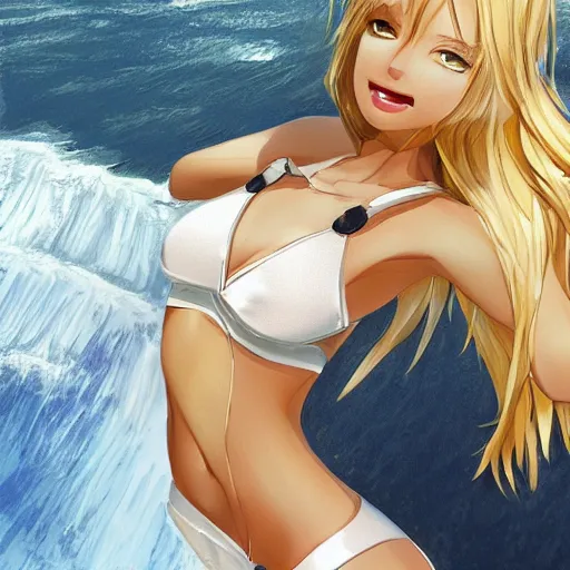 Image similar to tiny father a tall daughter picture : a very beautiful young blond anime girl, sky blue eyes, bikini, white miniskirt, highly detailed, cinematic wallpaper by stanley artgerm lau