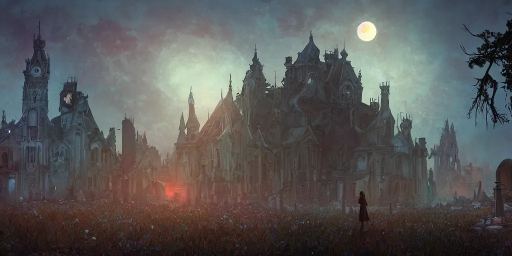 Image similar to an ultra detailed animation of a graveyard at midnight, digital art, dark fantasy, concept art, soulslike, by alphonse mucha, blood moon eclipse, ruined building in the background, artstation, 8 k, unreal engine render