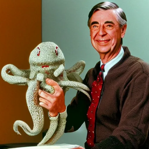 Image similar to mr. rogers proudly displaying his mr. rogers made of octopus, color production backstage photo