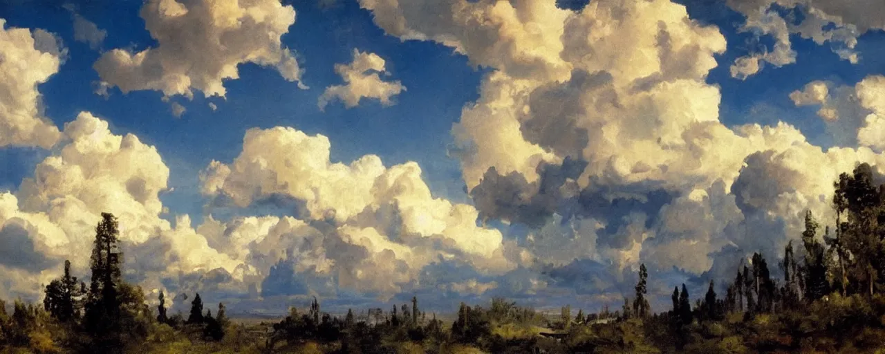 Image similar to disney illustrated background of blue sky huge clouds by eugene von guerard, ivan shishkin, john singer sargent