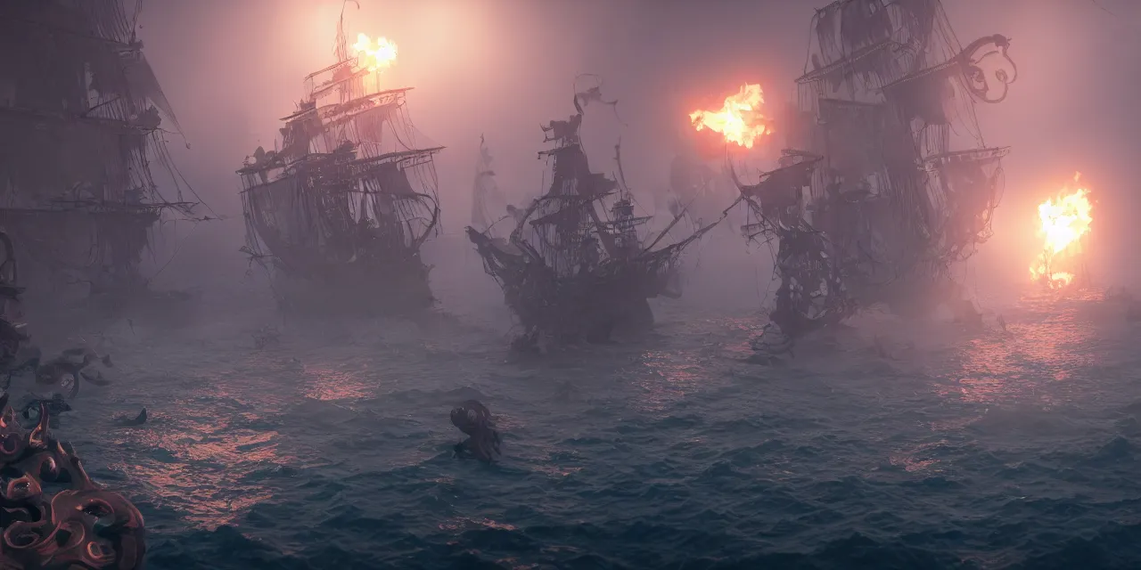 Prompt: pirates vs the kraken tentacles coming out of the water, cinematic, foggy, volumetric lighting, fire, unreal engine, trending on artstation